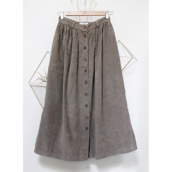90s Taupe Grey Corduroy Skirt w/ Mauve Button Up Front, A Line Silhouette, Women - Picture 5 of 8